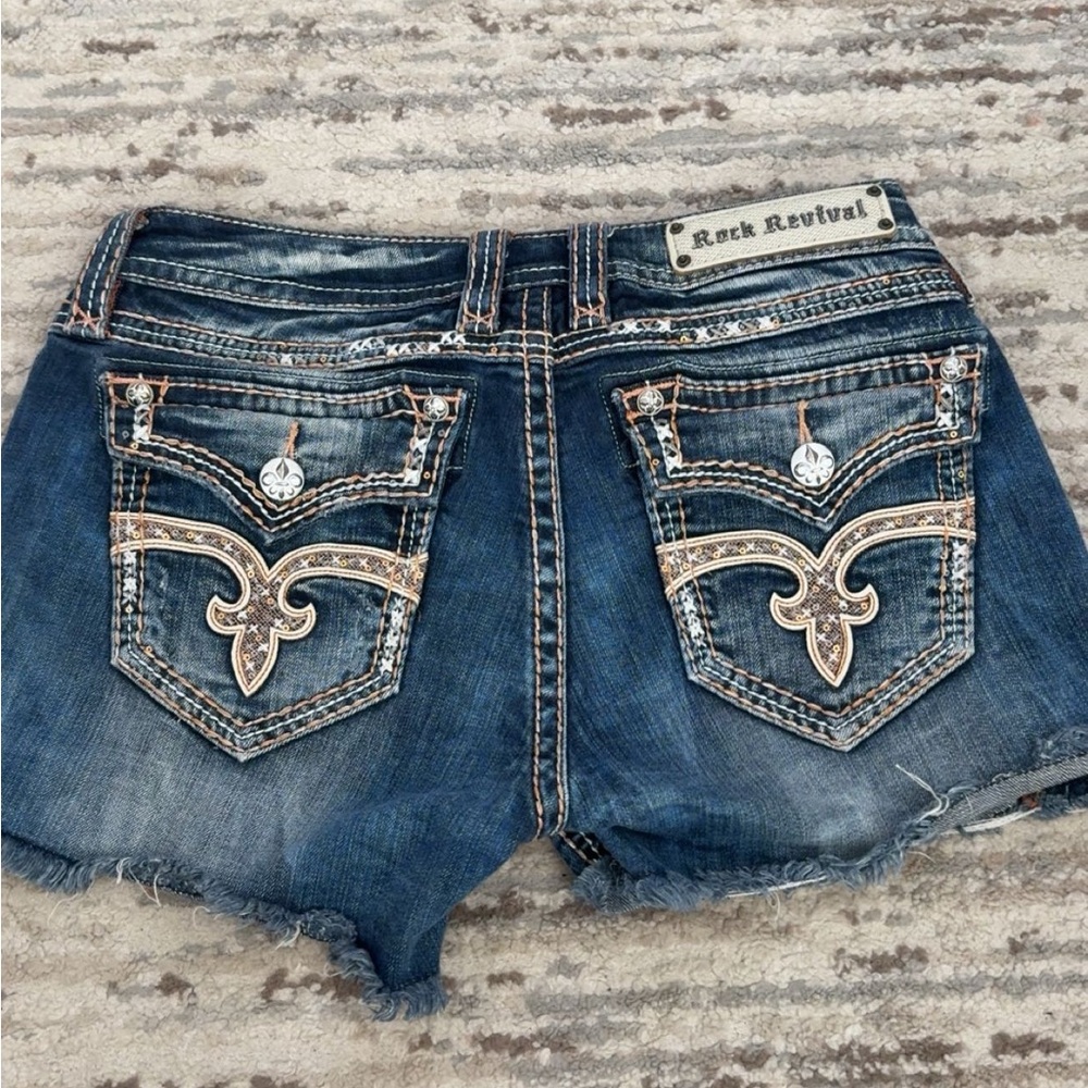 Rock Revival Blue Denim Shorts with Embellished Pockets